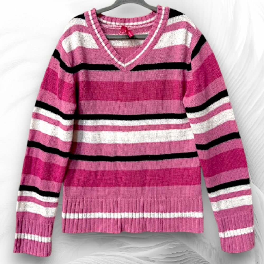 Pink Striped V-Neck Knit Sweater Girls 10/12